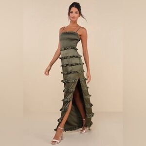 Lulu’s Olive Green Satin Smocked Ruffled Maxi Dress - wedding guest dress